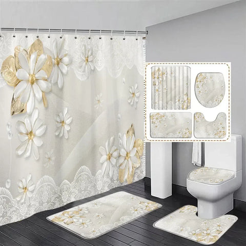 Elegant Bouquet of Fantastic White Flowers 3D Style Shower Curtain Bathroom Curtain with Bath Rug Carpet Set Floral Home Decor