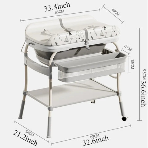 Baby Changing Table with Bathtub 2 in 1 Portable Foldable Infant Diaper Changing Table with Storage Tray 2 Wheels Anti-rollover