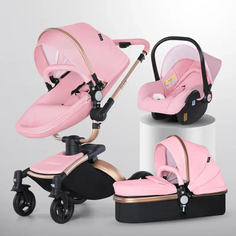 3-in-1 Luxury High-view Baby Stroller with Car Seat Foldable Newborn Baby Stroller PU Leather Two-way Baby Stroller