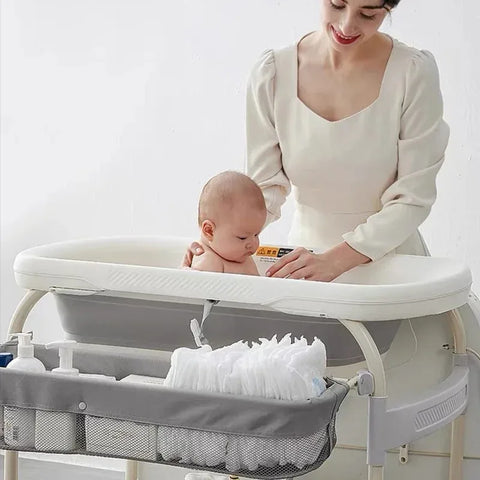 Baby Changing Table with Bathtub 2 in 1 Portable Foldable Infant Diaper Changing Table with Storage Tray 2 Wheels Anti-rollover