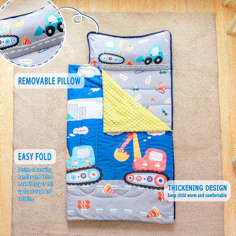 Nap Mats for Preschool Slumber Bags for Boys Girls Toddler Bedding Sleeping with Removable Pillow and Fleece Blanket Cartoon