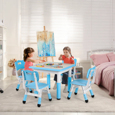 AOOU Kids Table and 4 Chairs Set, Height Adjustable Toddler Study Table Set, Multi-Activity Art Table Graffiti Desktop Age 2-10
