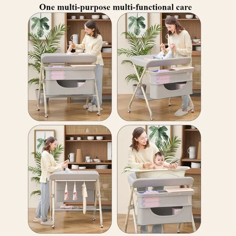 Foldable Diaper Changing Table with Drying Rack Toy Rack Storage Basket Height Adjustable Multifunctional Mobile Baby Care Table