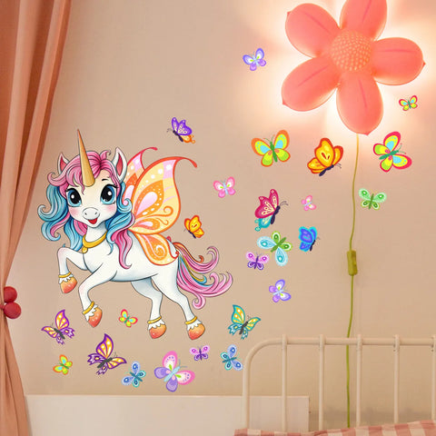 30*40cm Cartoon Hand Painted Unicorn Colorful Butterfly Luminous Sticker Girls Bedroom Living Roomwall Sticker Wallpaper Ycg4070