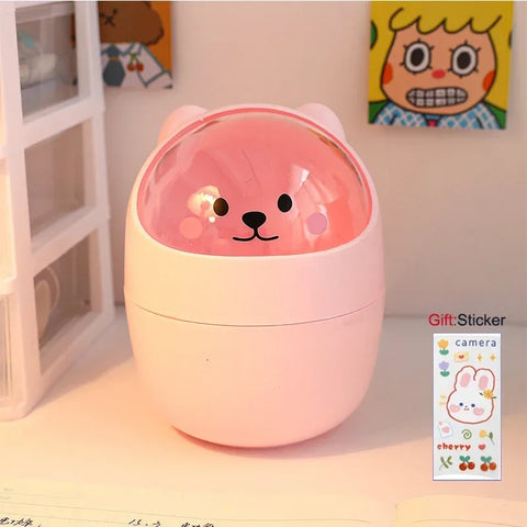 Ins Style Creative Cute Home Desktop with Lid Trash Can Small Mini Kawaii Bedroom Desk Storage Box Pen Holder Give A Sticker