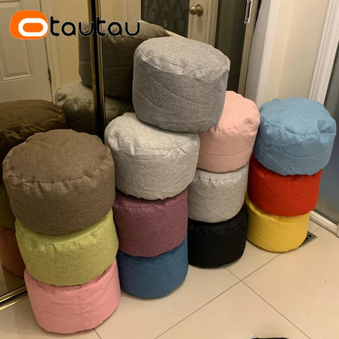 OTAUTAU Round Stool D30cm*H20cm Linen Bean Bag Ottoman with Filling Beanbag Pouf Footstool Tatami Futon Puff JD001