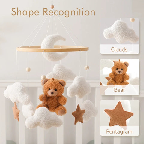 Wooden Crib Mobile Baby Bed Bell Rattle Toy Soft Felt Cartoon Bear Mobile Hanging Newborn Music Box Bed Bell Hanging Bracket Toy