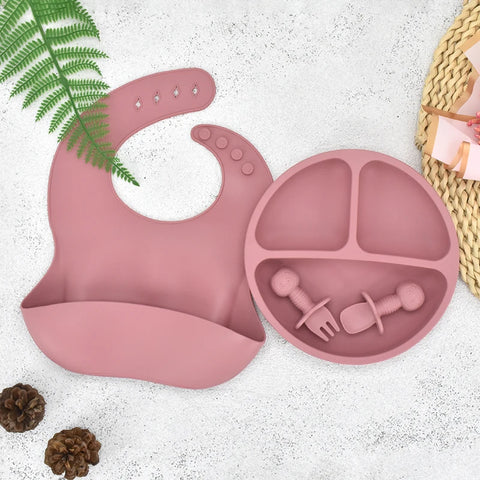 4Pcs/Set Baby Safe Silicone Dining Plate Solid Cute Cartoon Children Dishes Smile Face Baby Tableware Set Retro Kids Plate