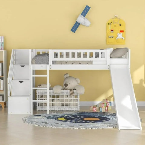 Bunk Beds.Twin Loft Bed with Slide for Kids, Wood Slide Loft Bed with Stairs and Built-in Ladder, No Box Spring Needed