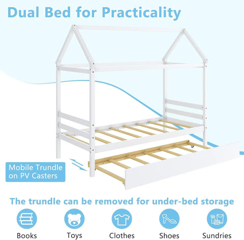 House Bed with Trundle, Solid Wood Twin Size Daybed for Girls & Boys, Kids Platform Bed Frame with Roof for Bedroom, No Box