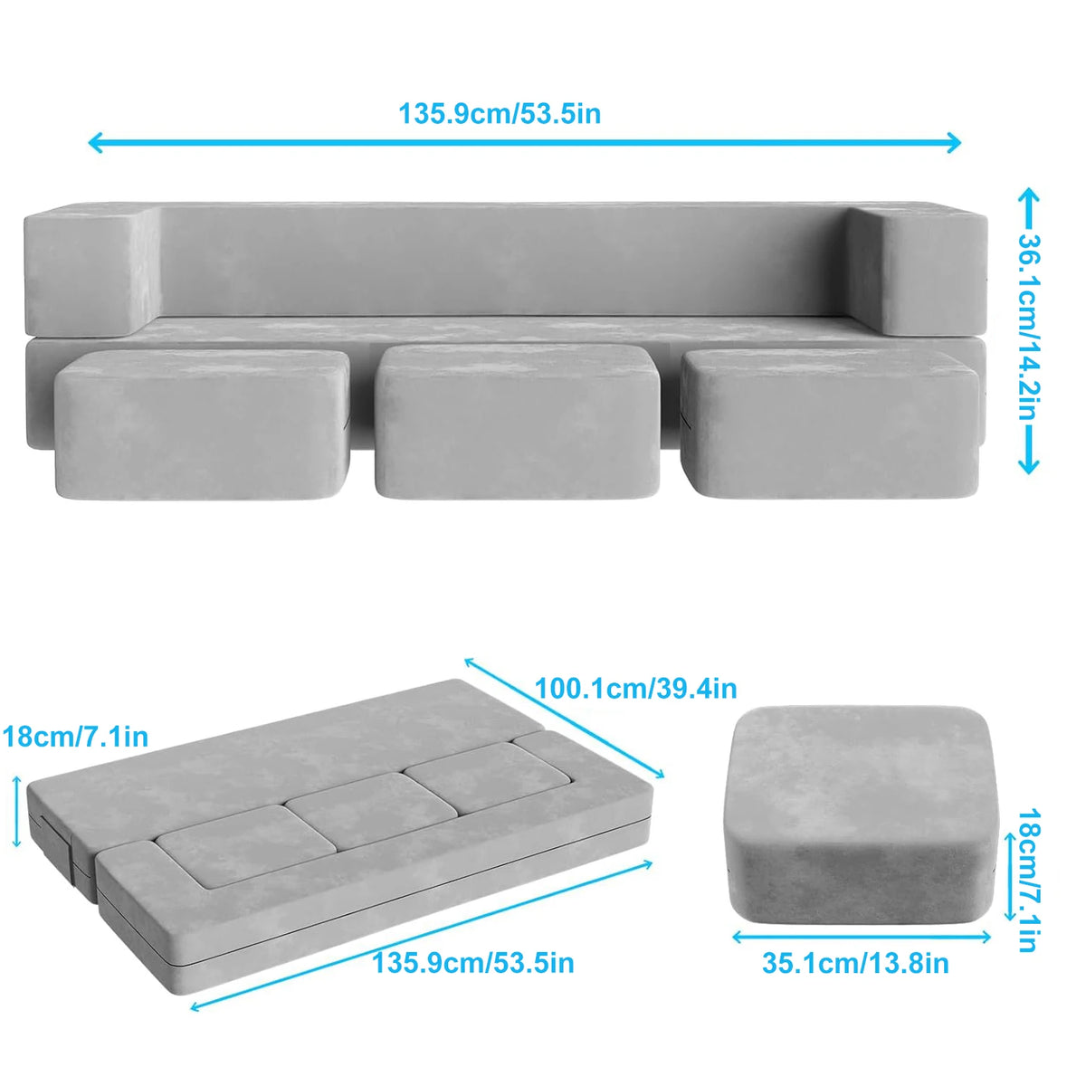 Modular Kids Play Couch 5 in 1 Kids Couch with 3 Ottomans for Playroom Bedroom Extra Large Modular Kids Couch Kids Play Couch