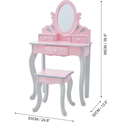 Play Vanity Set with Three Storage Drawers, Rotating Oval Mirror and Matching Stool to Play Dress-Up, Pink and Gray