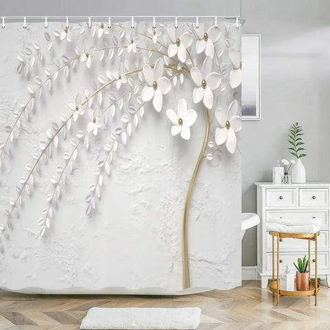 Elegant Bouquet of Fantastic White Flowers 3D Style Shower Curtain Bathroom Curtain with Bath Rug Carpet Set Floral Home Decor