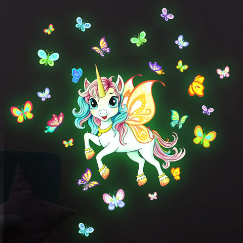 30*40cm Cartoon Hand Painted Unicorn Colorful Butterfly Luminous Sticker Girls Bedroom Living Roomwall Sticker Wallpaper Ycg4070