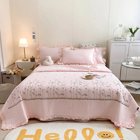 1/3Pc Korean Princess Ruffles Flowers Embroidery Summer Quilt Bedspread on the bed Quilt Air-conditioning Blanket Bedding Set