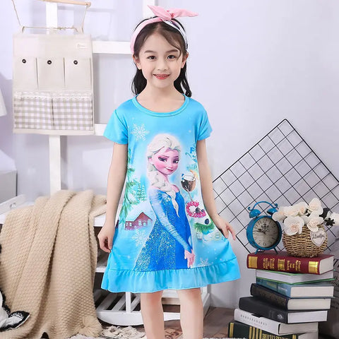 MINISO Girls Night Dress Summer Disney Cartoon Snow White Frozen Princess Elsa Mermaid Print Toddler Girl Nightgown for Teens