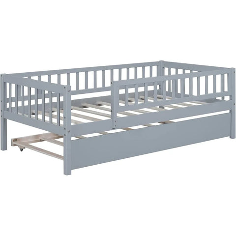 Twin Bed with Trundle, Kids Daybed Trundle Bed, Wooden Beds Frame with Fence Guardrails for Kids Children Toddlers Boys Girls