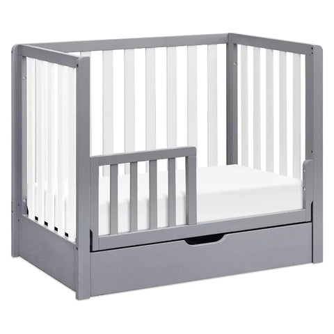 4-in-1 Convertible Mini Crib with Trundle Drawer in Grey and White, Greenguard Gold Certified, Undercrib Storage