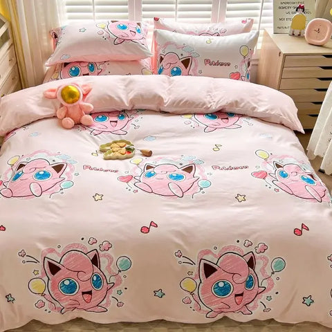 Pokemon Series Eevee Dragon 100% Cotton 4-piece set, Children's Cartoon 3-piece set of Sheet Pillowcase Quilt Cover