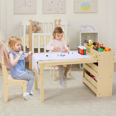 Kids Art Table and Chair Set with 2 Chairs Wooden Craft Table with Storage Shelves, Canvas Bins, Paper Roll, Kids Playroom Table