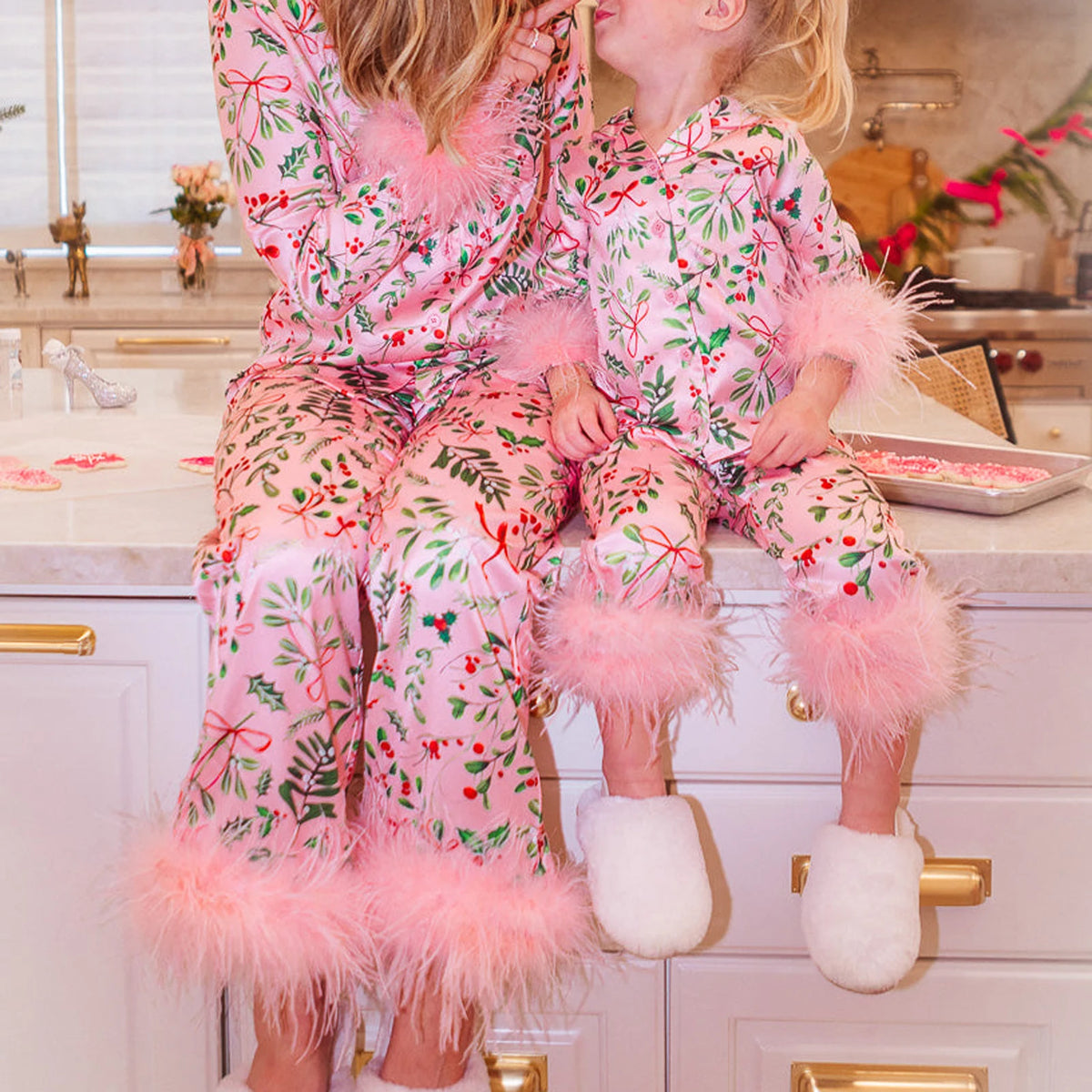 Hirigin Mommy and Me Festival Pajamas Set Feather Trim Long Sleeve Button Down Matching Holiday Sleepwear for Mother Daughter