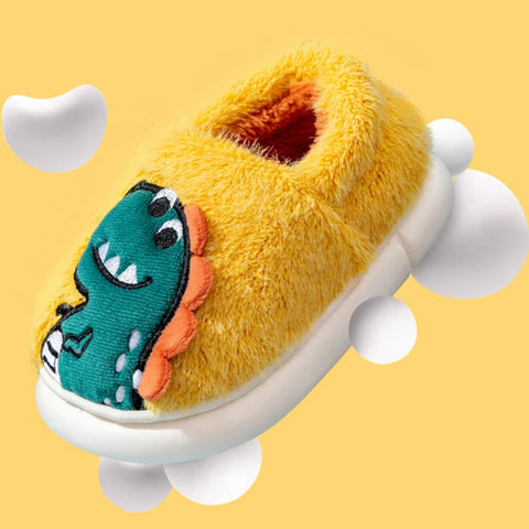 Kids' Cartoon Dinosaur Embroidery Plush Slippers Soft Sole Non-slip Winter Warm Boys Girls Indoor Home Heel Wrap Cotton Shoes