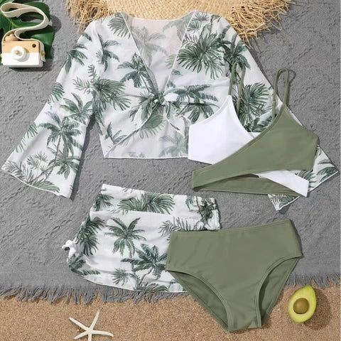 Girls 4pack Coconut Palm Print Bikini Sets with Beach Skirt&Long Sleeve Crop Top Kids Swimsuit 7-12 Years Children's Swimwear