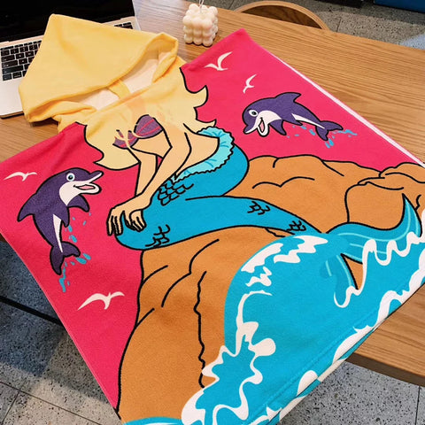 Baby Cartoon Printing Bathrobe Girls Unicorn Beach Towel Boy Shark Dinosaur Bath Towel Kids Hooded Cape Towel Children Bath Item
