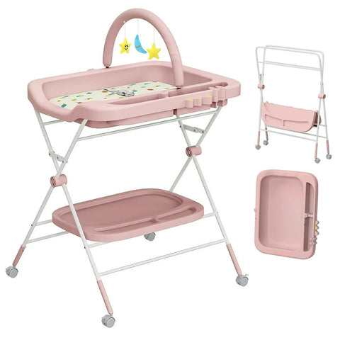 Baby Portable Diaper Changing Table, Folding Diaper Changing Station with Wheels, Adjustable Height Diaper Station with Nursery