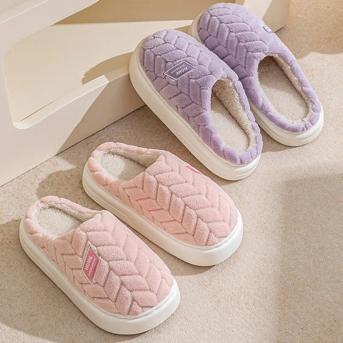 New Fashion Concise Couple Winter Toe Wrap Warm Fluffy Slippers Soft Non-slip Slides For Women Men Indoor Flat Home Cotton Shoes