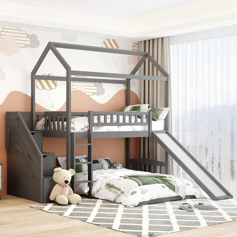 House Bunk Beds with Slide Wood Twin Bunk Bed with Stairs for Kids, House Bunk with Roof for Boys or Girls, Beds House