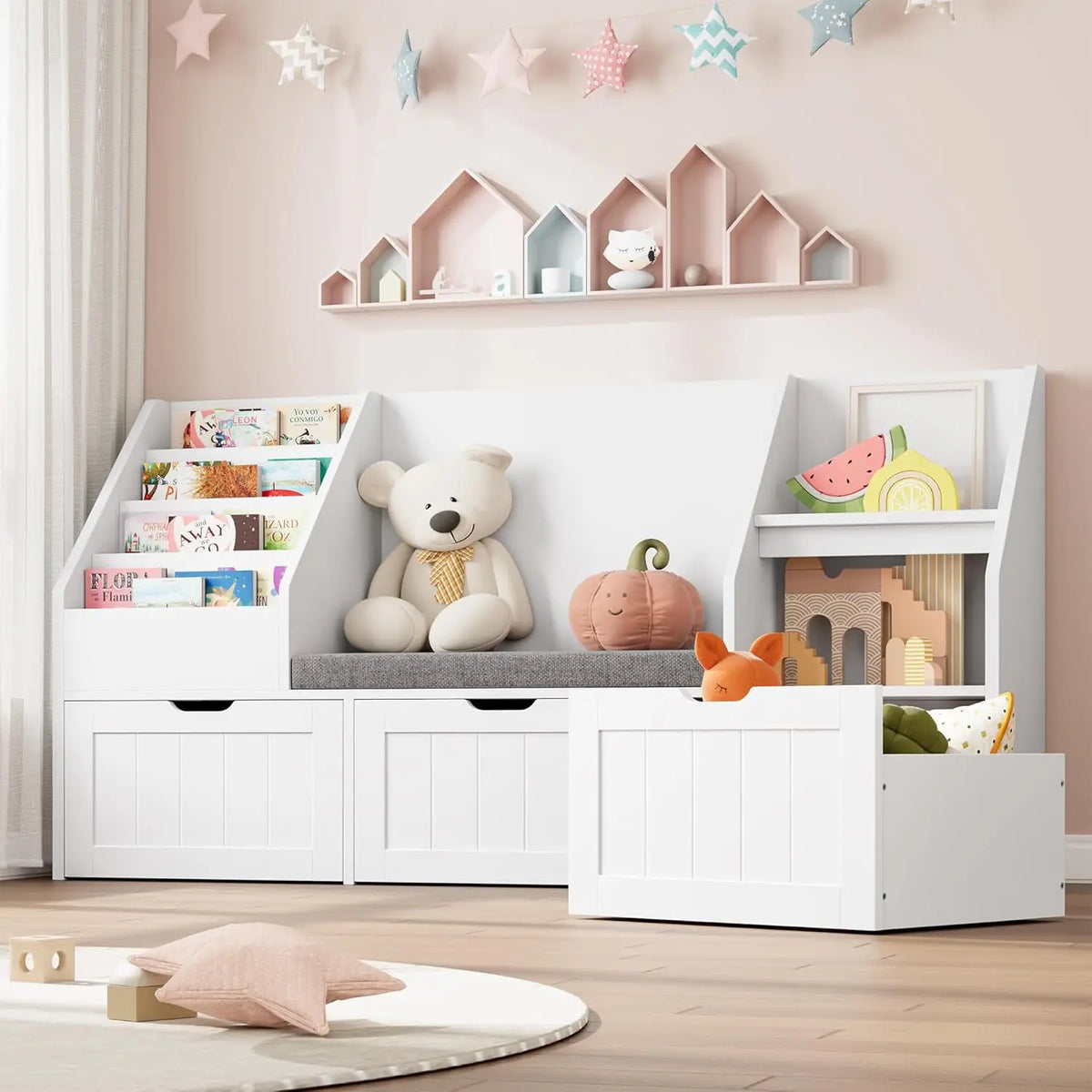 55.1’’ Kids Bookshelf with Reading Nook, Toy Storage Organizer with Seat Cushion and 3 Movable Drawers, Kids Reading Nook