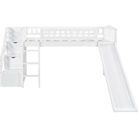 Bunk Beds.Twin Loft Bed with Slide for Kids, Wood Slide Loft Bed with Stairs and Built-in Ladder, No Box Spring Needed