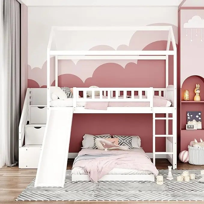 House Bunk Beds with Slide Wood Twin Bunk Bed with Stairs for Kids, House Bunk with Roof for Boys or Girls, Beds House