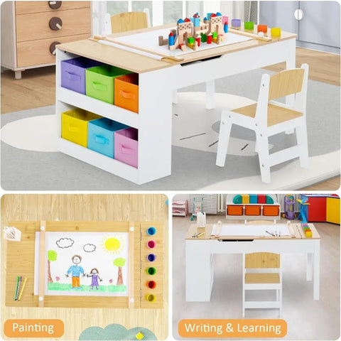 2 in 1 Kids Art Table and Chair Set, Toddler Craft Play Wood Activity Desk with 2 Chairs Storage Canvas Bins Paper Roll