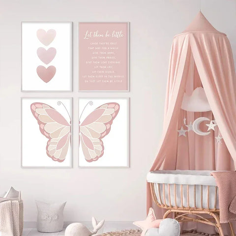 Pink Butterfly Wall Art Nursery Canvas Prints Painting Sun Rainbow Daisy Heart Posters Kawaii Pictures for Kids Girl Room Decor