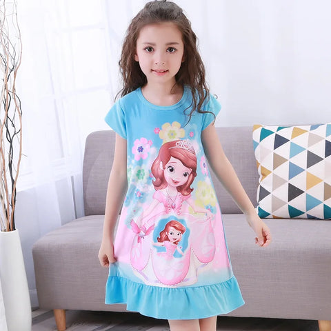 MINISO Girls Night Dress Summer Disney Cartoon Snow White Frozen Princess Elsa Mermaid Print Toddler Girl Nightgown for Teens