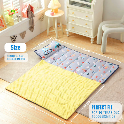 Nap Mats for Preschool Slumber Bags for Boys Girls Toddler Bedding Sleeping with Removable Pillow and Fleece Blanket Cartoon