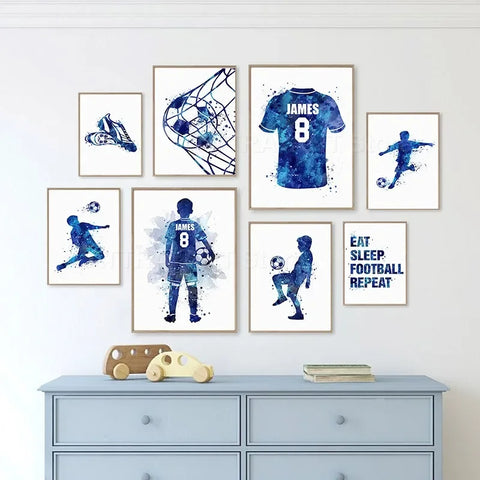 Soccer Player Watercolor Art Posters And Prints Jersey Custom Name Kids Football Canvas Painting Wall Pictures Boys Room Decor