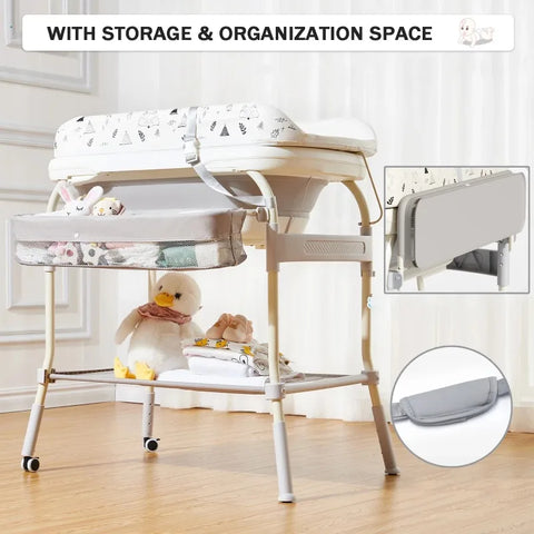 Baby Changing Table with Bathtub 2 in 1 Portable Foldable Infant Diaper Changing Table with Storage Tray 2 Wheels Anti-rollover