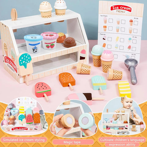 Ice Cream Counter Playset For Kids Montessori Pretend Play Food Toys Kitchen Accessories With Coin Role Play For Kids Girls Boys