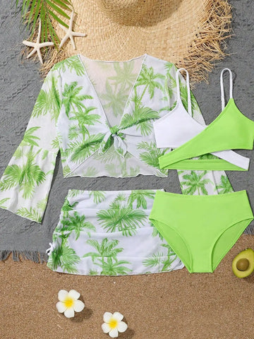 4 Pieces Bikini Top & Skirt 2023 Girls Swimsuit Kids High Waist Swimwear Children Bathers Bathing Swimming Swim Suit Beachwear