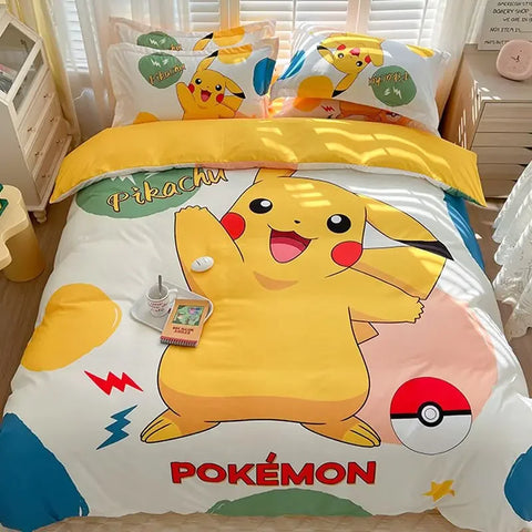 Pokemon Series Eevee Dragon 100% Cotton 4-piece set, Children's Cartoon 3-piece set of Sheet Pillowcase Quilt Cover