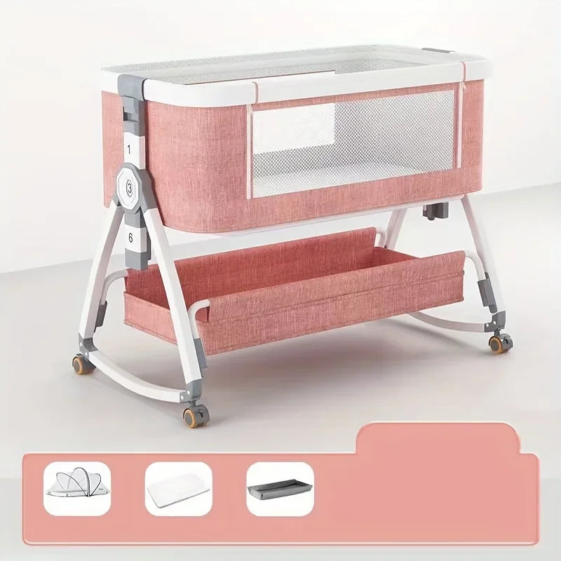 Multi Functional Baby Crib with Foldable Height Adjustment Splicing, Portable and Movable Bedside Swing, Cradle, Sleeping Bed