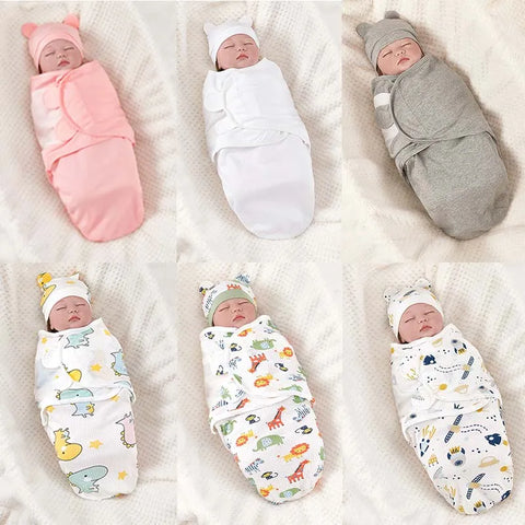 Newborn Sleeping Bag Cotton Baby Swaddle Wrap Adjustable Newborn Sleepsack Hat Set Anti-kick Swaddle Warm Soft Blanket