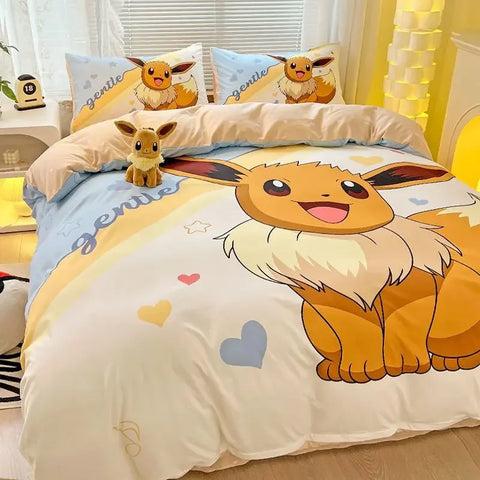 Pokemon Series Eevee Dragon 100% Cotton 4-piece set, Children's Cartoon 3-piece set of Sheet Pillowcase Quilt Cover