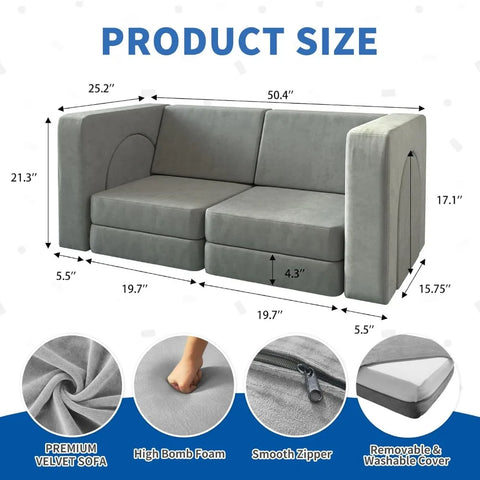 Modular Kids Play Couch for Playroom Bedroom, 10 in 1 Multifunctional Kids Sofa for Playing, Creativing, Sleeping,Indoor Toddler