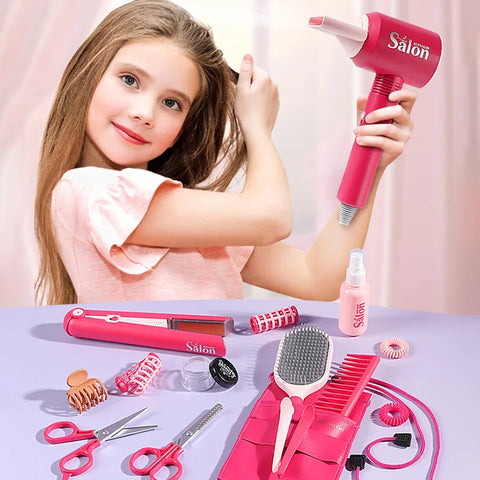 Kids Salon Makeup Cosmetics Curling Wand Hair Drier Princess Dress up Girl Beauty Play House Educational Fun Game Toy Gift