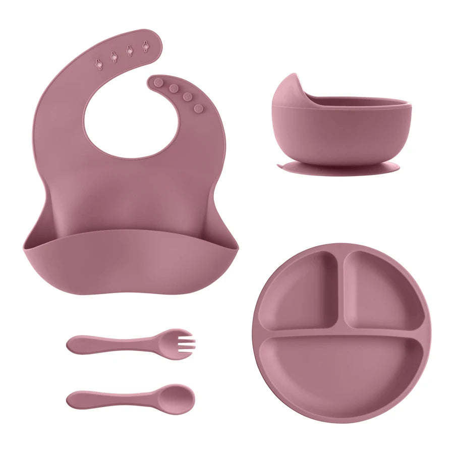 5Pcs Baby Silicone Feeding Set Round Dining Plate Sucker Bowl Dishes For Kids Waterproof Bib Children's Tableware Straw Cup