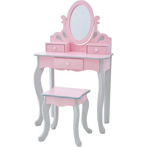 Play Vanity Set with Three Storage Drawers, Rotating Oval Mirror and Matching Stool to Play Dress-Up, Pink and Gray